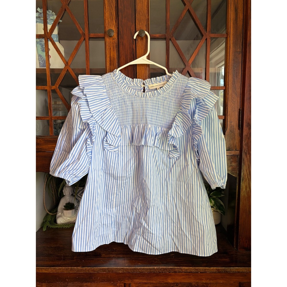 English Factory Blue White Striped Smocked Ruffle Puff Sleeve Top - Picture 2 of 6